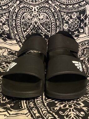 adidas Black Slide Sandals with White Logo for Kids